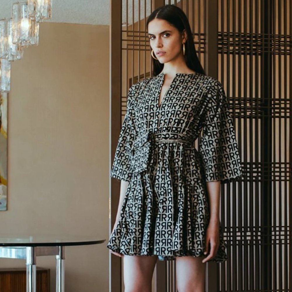 Ryan Logo-Print 3/4-Sleeve Short Dress w/ Belt Bag